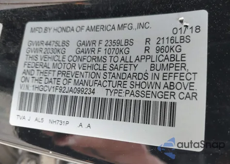 2018 Honda Accord Touring from USA, damaged, VIN 1HGCV1F92JA099234